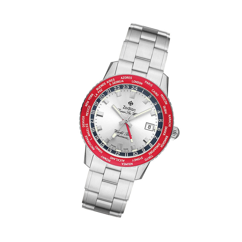 Zodiac Limited Edition Super Sea Wolf World Time Automatic Stainless Steel Watch #ZO9410 tilt