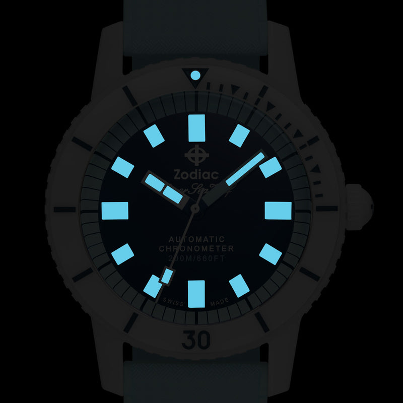 Zodiac Super Seawolf Ceramic COSC Automatic Dive Watch with Blue Dial #ZO9590 lume