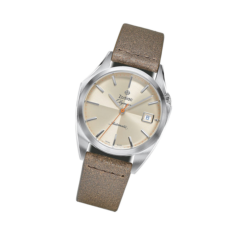 Zodiac Olympos Automatic Brown Leather Watch #ZO9702 tilt