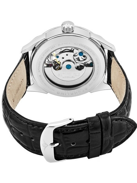 Stuhrling automatic dual time watch with 42mm case, semi-skeleton dial, black leather strap #657.01