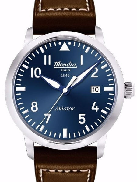 Mondia 1946 Aviator Dial Watch with Brown Leather Strap #MI-780-SS-04BL-CP
