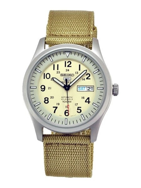 Seiko Military Creme Dial Automatic Watch with 42mm Case, Tan Canvas Strap #SNZG07K1