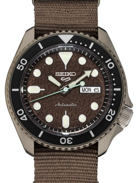 Seiko 5 Sports 24-Jewel Automatic Watch with Textured Chestnut Red Dial and Nylon Strap #SRPD85