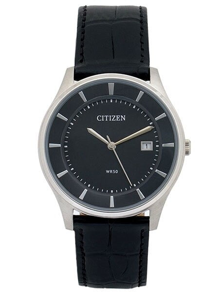 Citizen Thin Quartz Dress Watch with Black Dial and Leather Strap #BD0041-03E