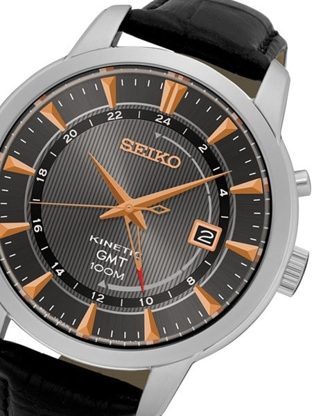 Seiko Kinetic GMT Watch with 43.6mm Stainless Steel Case and a Leather Strap #SUN063