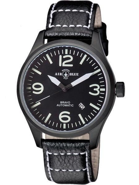 Air Blue Bravo Automatic Pilot Watch with 44mm PVD Case, Sapphire Crystal #BRAVOAUTOPVDBLKWHT