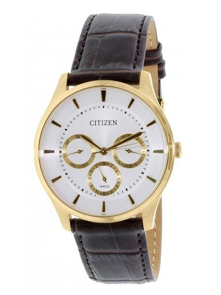 Citizen Thin Goldtone Dress Watch with Three Sub-Dials and a Leather Strap #AG8353-05A