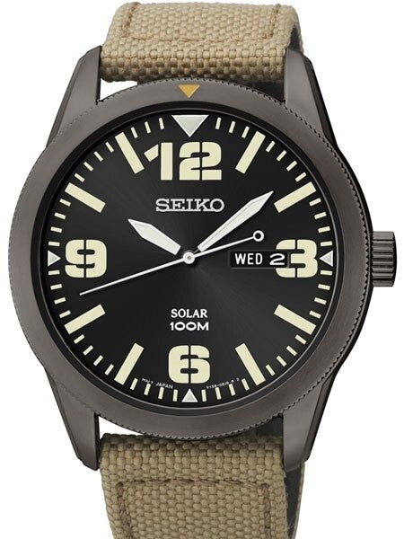 Seiko Aviator Black Dial Solar Watch with 43mm Black Ion Case, Tan Canvas Strap #SNE331