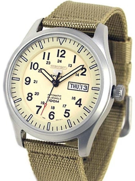 Seiko Military Creme Dial Automatic Watch with 42mm Case, Tan Canvas Strap #SNZG07K1