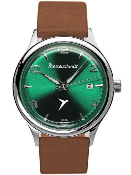 Messerschmitt Radiant Green Dial Swiss Quartz Watch with Brown Leather Strap #KR500-GRB