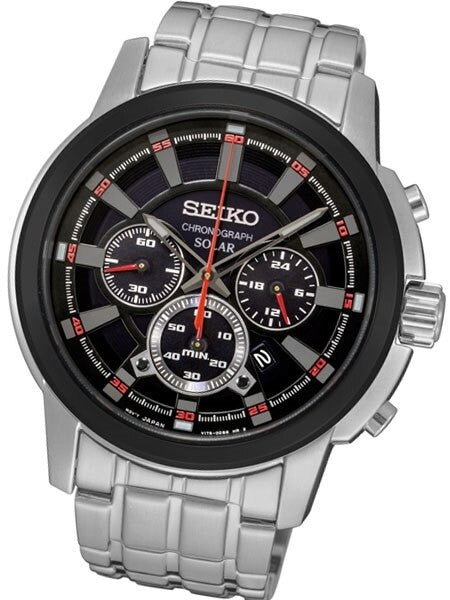 Seiko Black Dial, Solar Chronograph with Stopwatch and 24-hour Sub-Dial #SSC389