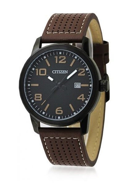 Citizen Quartz Black PVD Sport Watch with Brown Aerated Leather Strap #BI1025-02E