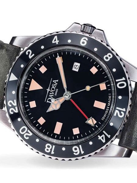 Davosa Vintage-Styled 100-Meter GMT Dual Time Watch with Black Dial #16250055