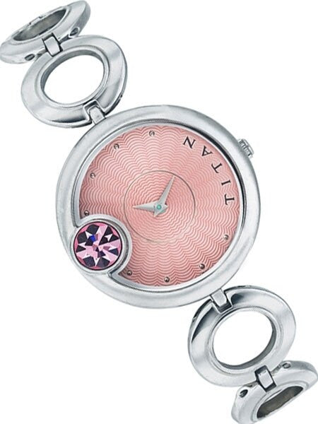 Titan Ladies Pink Dial Quartz Watch with Purple Crystal and Stainless Steel Bracelet #2503SM01