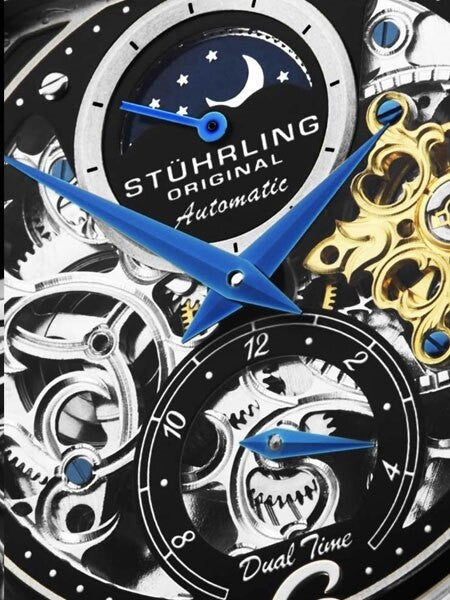 Stuhrling automatic dual time watch with 46mm case, skeleton dial, blue leather strap #889.01