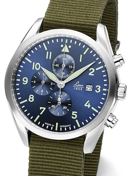 Laco 42mm Atlanta Blue Dial Chronograph Watch with 12-hour Totalizer #861919
