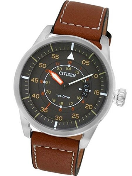 Citizen Eco-Drive Grey Dial Pilot Watch with Brown Leather Strap #AW1360-12H