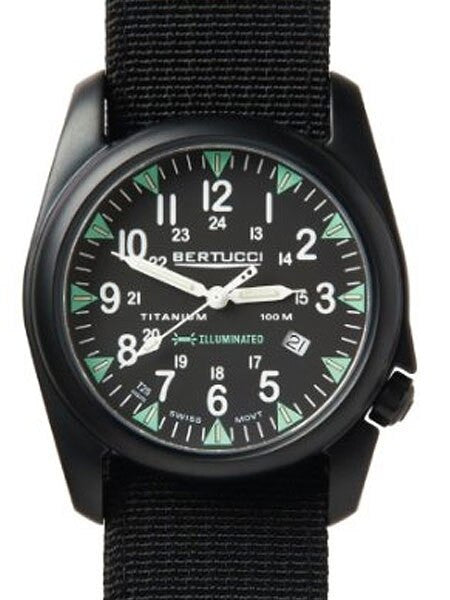 Bertucci A-4T Vintage 44 Black Titanium Watch w/ Tritium Tube Lights #13420
