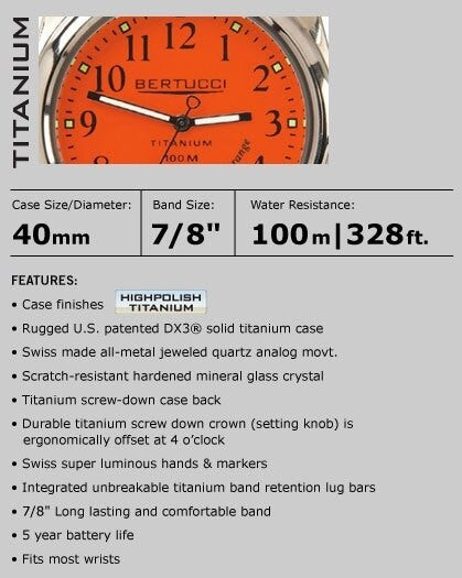 Bertucci A-2T International Orange Watch with Polished Titanium Case #12063