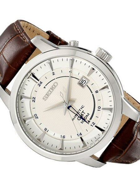 Seiko Core Series Kinetic GMT Dual-Time Watch with 44mm Case and Leather Strap #SUN041