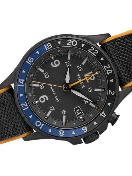 Timex 43mm Allied Three GMT Quartz Watch with Black Dial and INDIGLO Night-Light #TW2R70600VQ