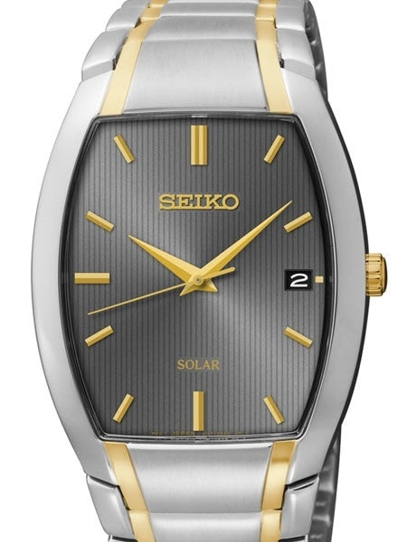 Seiko Solar Watch with Two-Tone Tonneau Stainless Steel Case and Matching Bracelet #SNE334