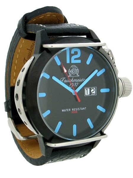 Tauchmeister T0168 XL Black Military Dive Watch with Unique Blue Hands and Markers