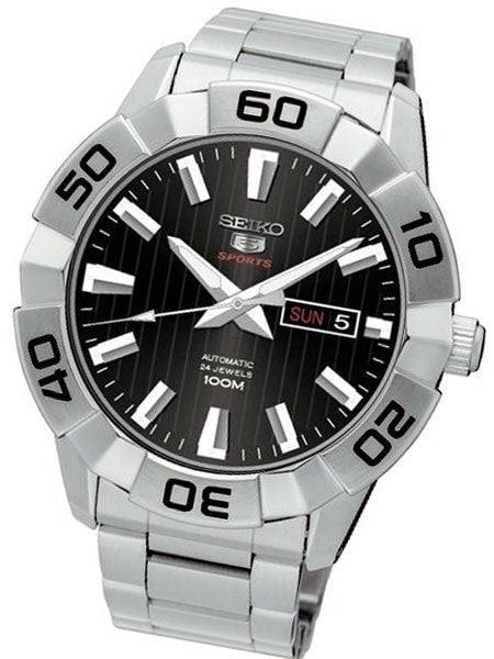 Seiko 45mm Sports 5 Automatic 24-Jewel Watch with Pinstriped Black Dial #SRPA51K1