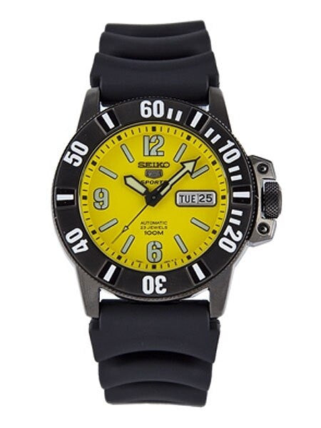 Seiko Sports 5 Automatic Watch with Yellow Dial, Black PVD Case #SNZG87K1