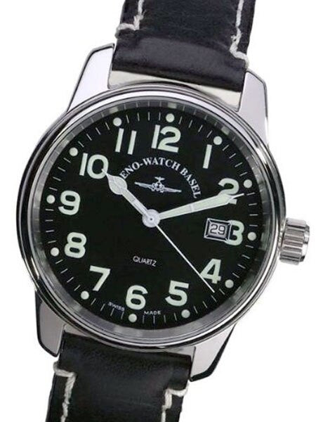 Zeno Mens Pilot Watch with Black Dial, Black Leather Strap and Swiss Quartz Movement #3315Q-a1