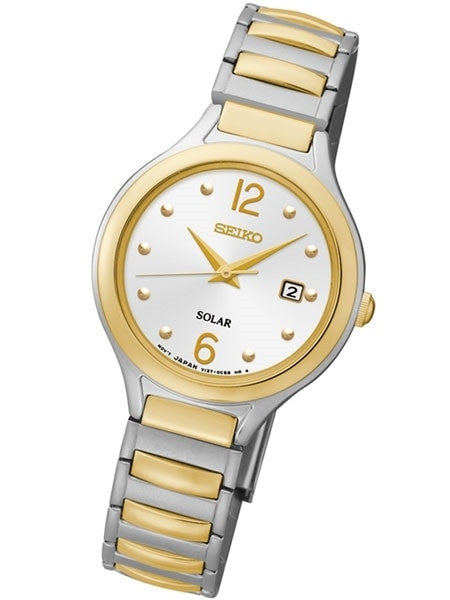 Seiko Two-Tone Women's Solar Dress Watch with White Dial, Goltone Hands and Markers #SUT178