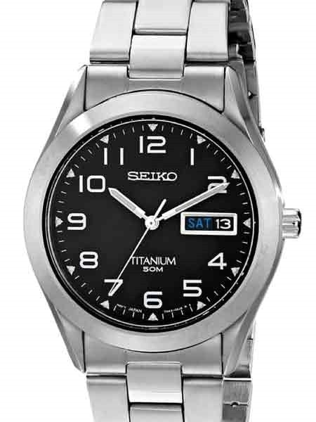 Seiko Quartz Black Dial Watch with 37mm Titanium Case and Folded Bracelet #SGG711