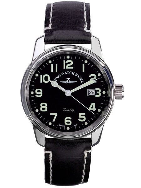 Zeno Mens Pilot Watch with Black Dial, Black Leather Strap and Swiss Quartz Movement #3315Q-a1