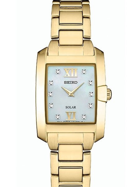 Seiko Women's Solar Dress Watch with 10 Diamond Hour Markers, Mother of Pearl Dial #SUP378