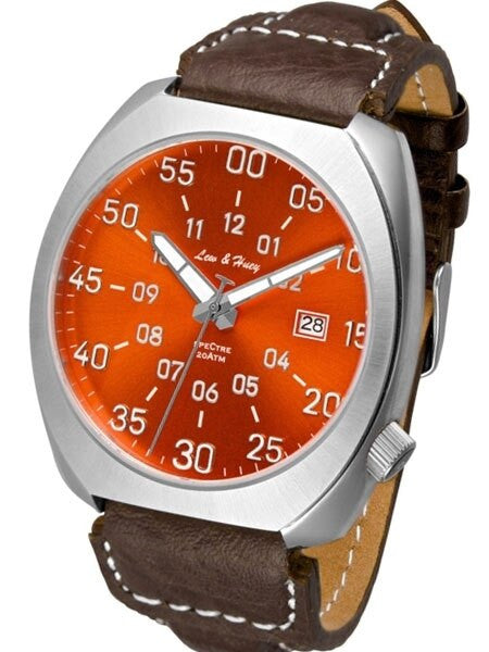 Lew and Huey Classic Flieger-Style, Automatic Pilot Watch with High Quality Leather Strap #Spectre-3Q-Orange