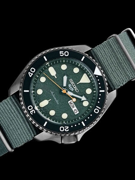 Seiko 5 Sports 24-Jewel Automatic Watch with Textured Green Dial and Nylon Strap #SRPD77