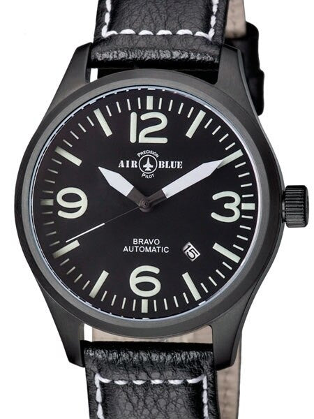 Air Blue Bravo Automatic Pilot Watch with 44mm PVD Case, Sapphire Crystal #BRAVOAUTOPVDBLKWHT