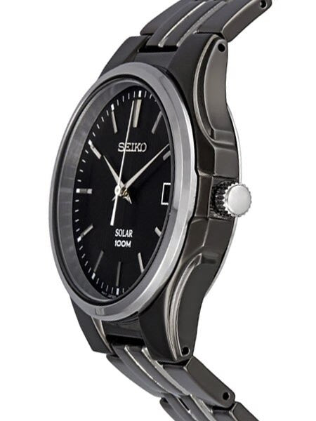 Seiko Solar Watch with 39mm Black Ion-Plated Stainless Steel Case and Bracelet #SNE125
