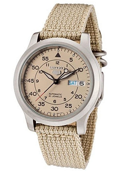 Seiko 5 Military Tan Dial Automatic Watch with Tan Canvas Strap