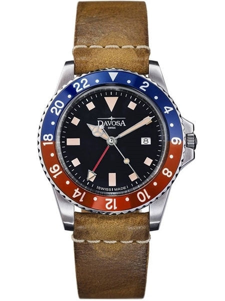 Davosa Vintage-Styled 100-Meter GMT Dual Time Watch with Black Dial #16250095