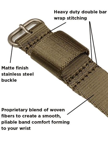 Bertucci A-1R Field Comfort watch with fiber reinforced polycarbonate Unibody case, Khaki Nylon Strap, Black Dial #10502