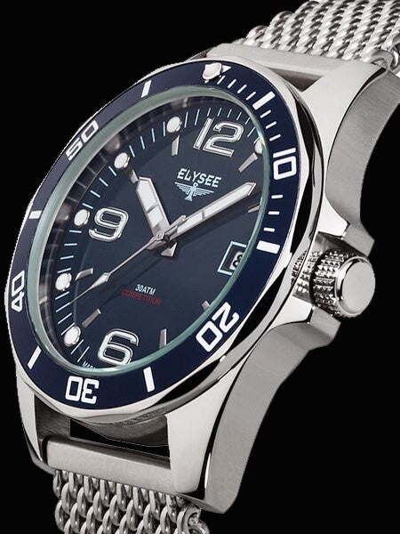 Elysee 300M Endurance 45mm Quartz Dive Watch with Blue Dial and Mesh Bracelet #60112