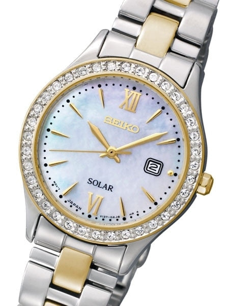 Seiko Two-Tone Women's Solar Dress Watch with Swarovski Crystal Bezel, Mother of Pearl Dial #SUT074