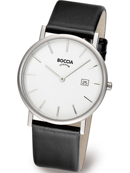 Boccia Thin Mens Silver Quartz Watch with 37mm Titanium Case and Leather Strap #3547-02