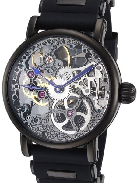 Rougois Tattoo Hand Wind Decorated Skeleton Movement Watch with Gun Metal Black IP Case #RS10003-BSB