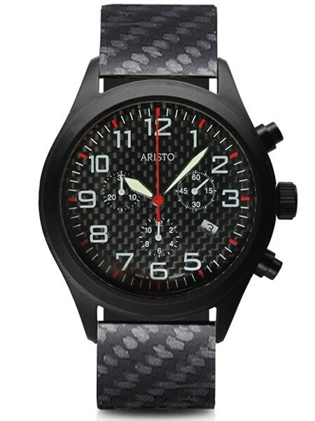 Aristo Aviator Style Quartz Chronograph Watch with Carbon Fiber Dial #0H15