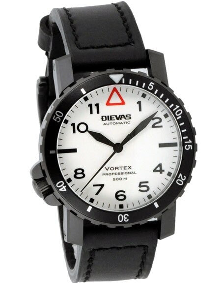 Dievas Vortex Professional Tactical Dive Watch with Black PVD Case, Offset Crown at 8:00 and White, Fully Luminous Dial