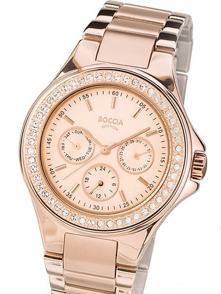 Boccia Ladies Quartz Watch with a 41mm Rose Goldtone Titanium Case and Swarovski Crystals #3758-02