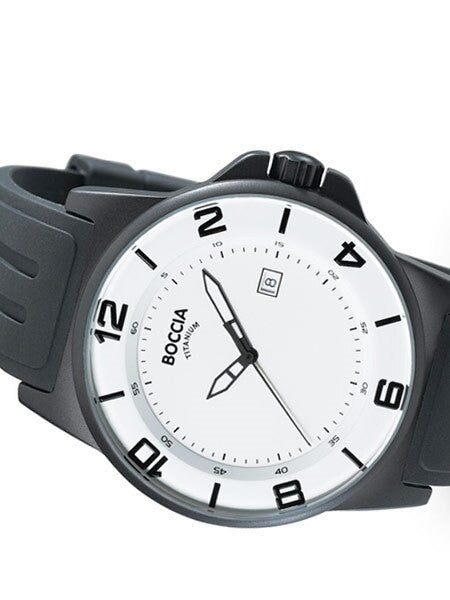 Boccia Mens White Dial Quartz Sport Watch with 45mm Black Titanium Case and Rubber Strap #3535-06