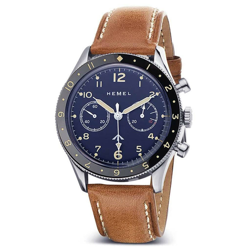 HEMEL Blue Mechanical Chronograph Watch with Dual-Time Bezel and DD Sapphire Crystal #HF15NA